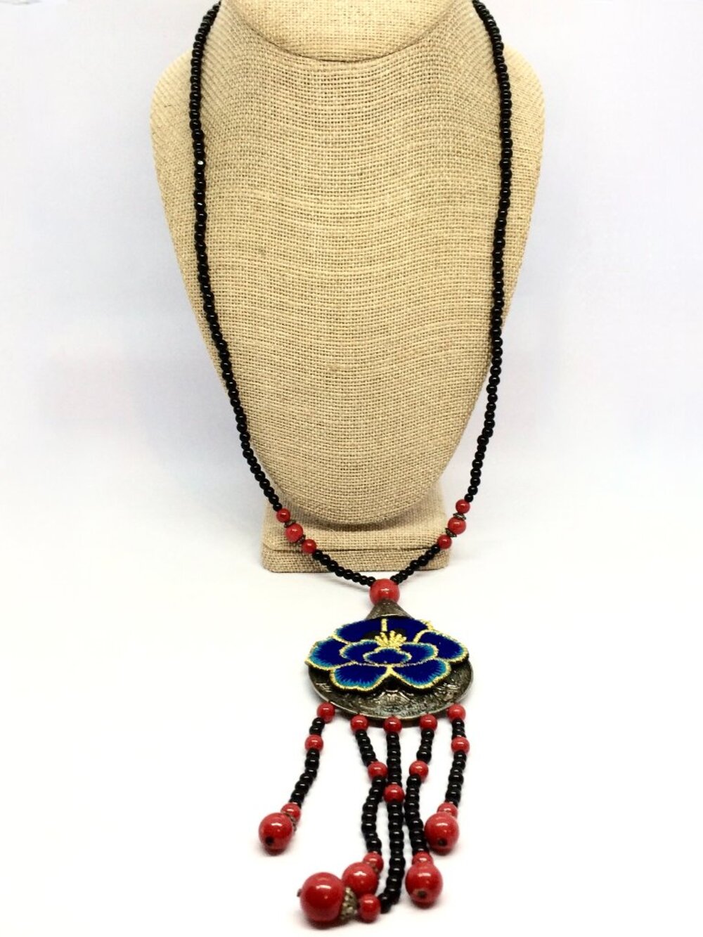 VINTAGE ETHNIC NECKLACE Embroidered Pendant Tassel Bead Black Red Statement